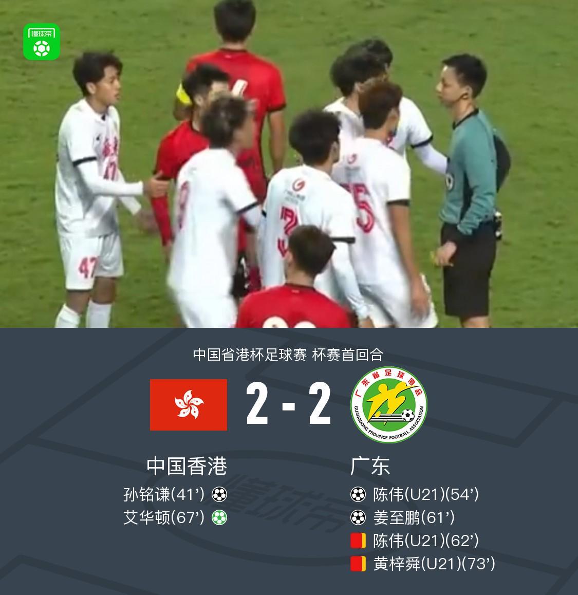 省港杯首回合中国香港2-2九人广东，姜至鹏破门，孙铭谦世界波